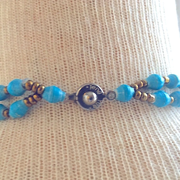 TENG YUE 80’s Newspaper Bead Turquoise & Gold Vintage Necklace - Picture 10 of 10